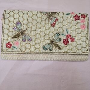 Cream Clutch with Floral and Dragonfly Embroidery